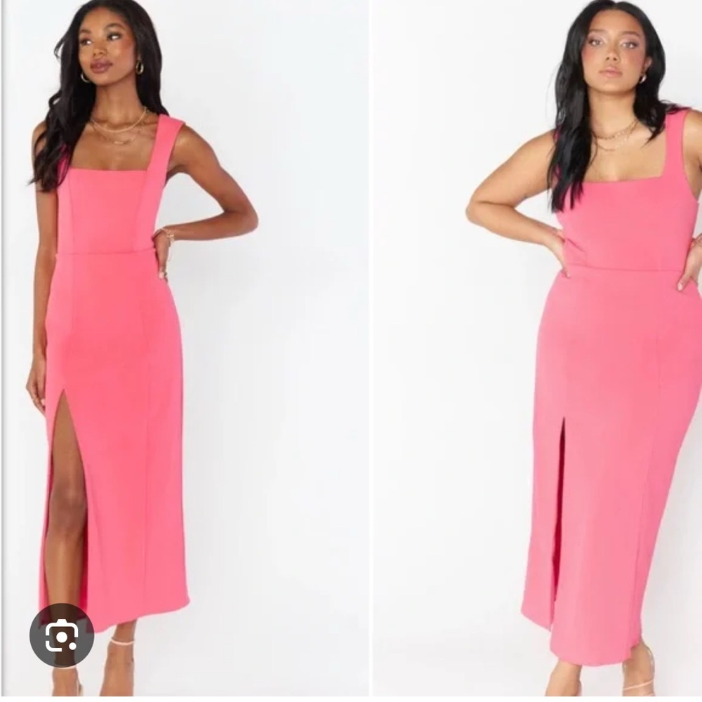 Show Me Your Mumu Eden Midi Dress in Flamingo Pink Stretch